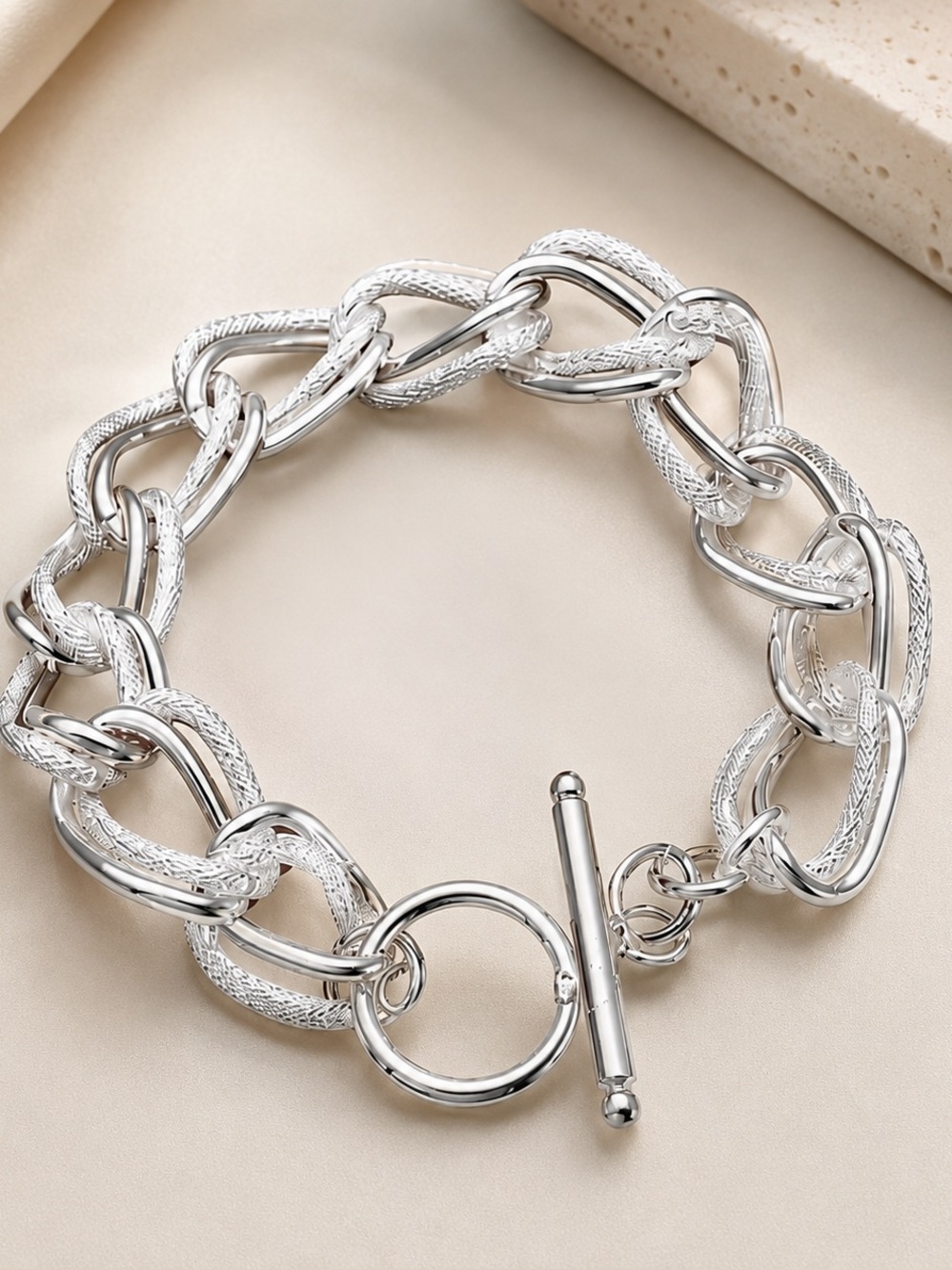 Veloura Textured Silver Link Toggle Bracelet